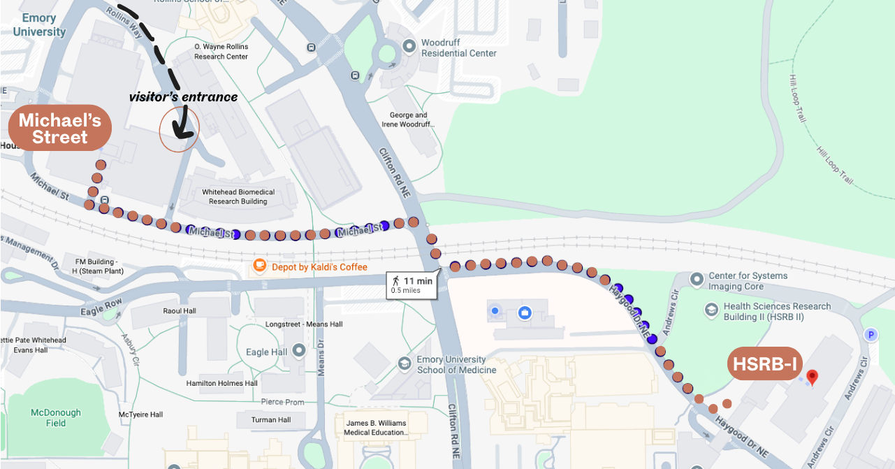 Walking directions from Michael Street Deck to HSRB-I